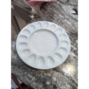 Arlington Easter Spring Blue Deviled Egg Plate Platter Embossed Bunny Rabbit